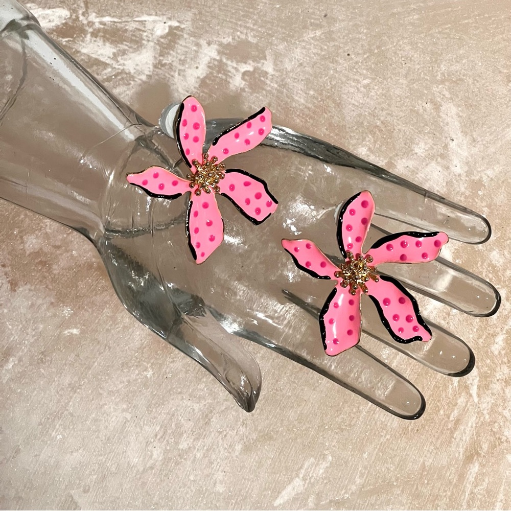 New Flower Power Polka Dot Pink Large Enamel Statement Earrings